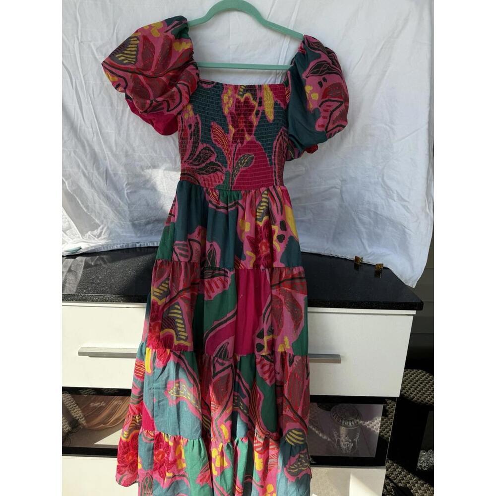 Crystal‎ Sky Puff sleeves smocked bodice tiered skirt XS Boho Romantic Tropical